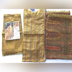 Maria B. Gold and Green Salwaar Kameez with hand embroidered Shawl in size 24”